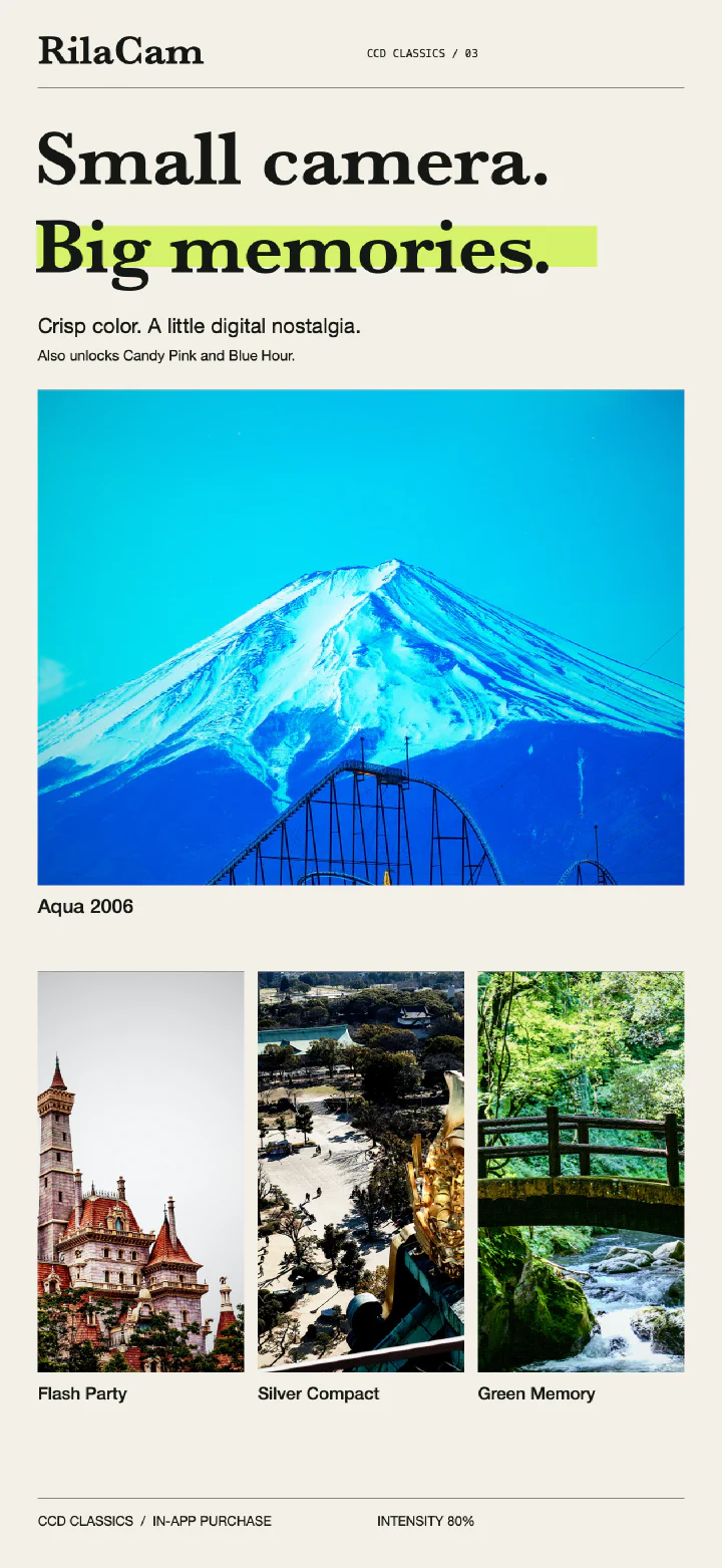 CCD Classics showcase: Mount Fuji in Aqua 2006, a castle in Flash Party, a temple in Silver Compact, and a green stream in Green Memory