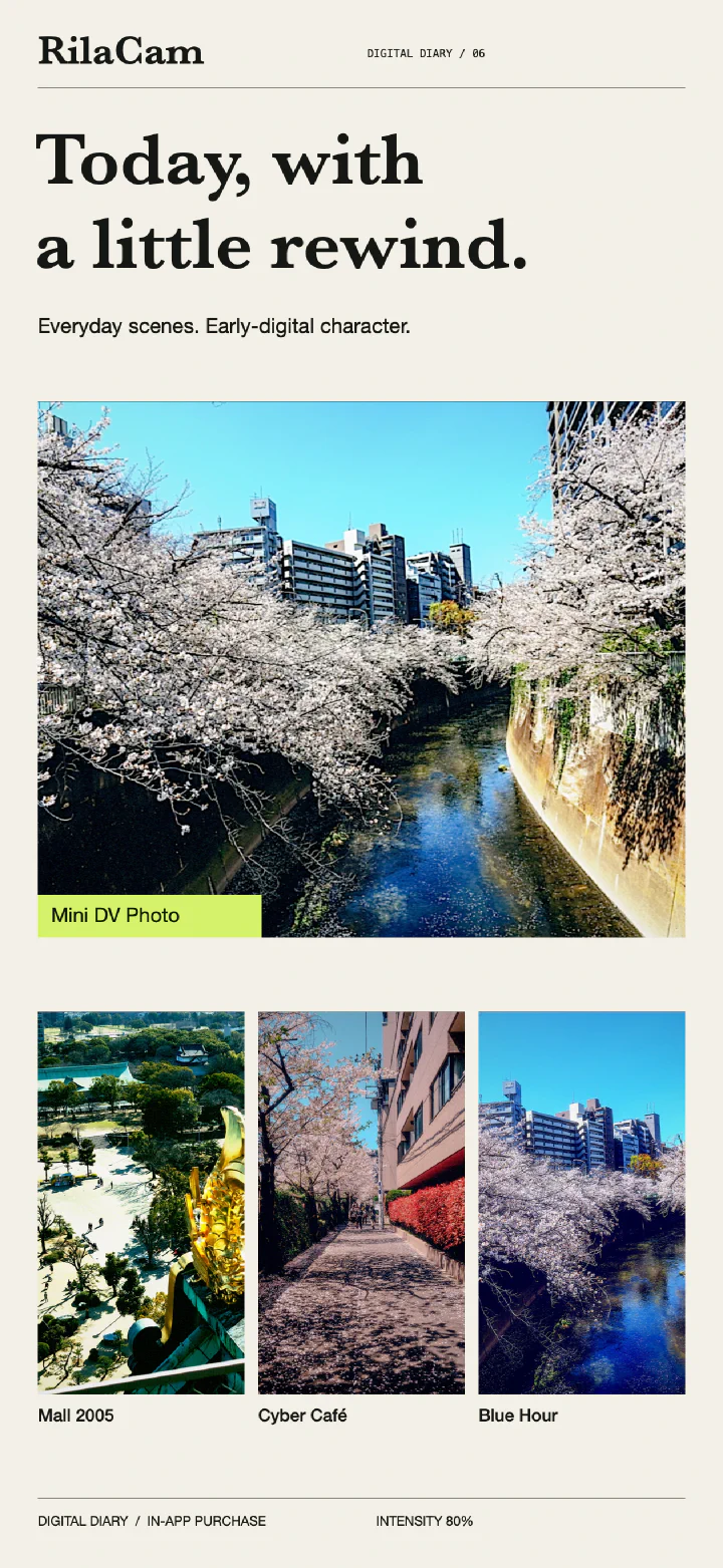 Digital Diary showcase: a cherry-blossom river in Mini DV Photo, a temple square in Mall 2005, a street in Cyber Café, and a blue-toned riverside in Blue Hour