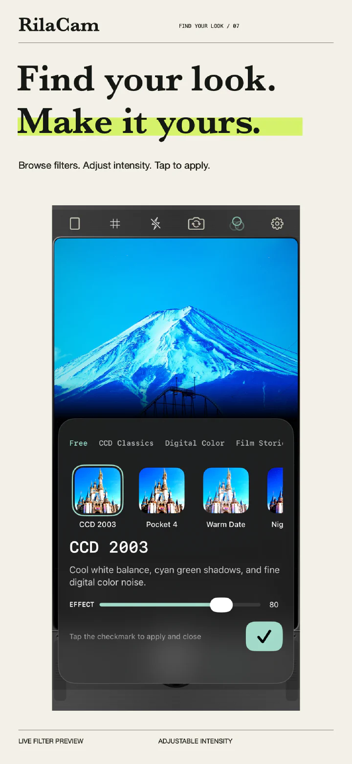 RilaCam filter picker: browse categories and thumbnails, adjust effect intensity, and tap the checkmark to apply