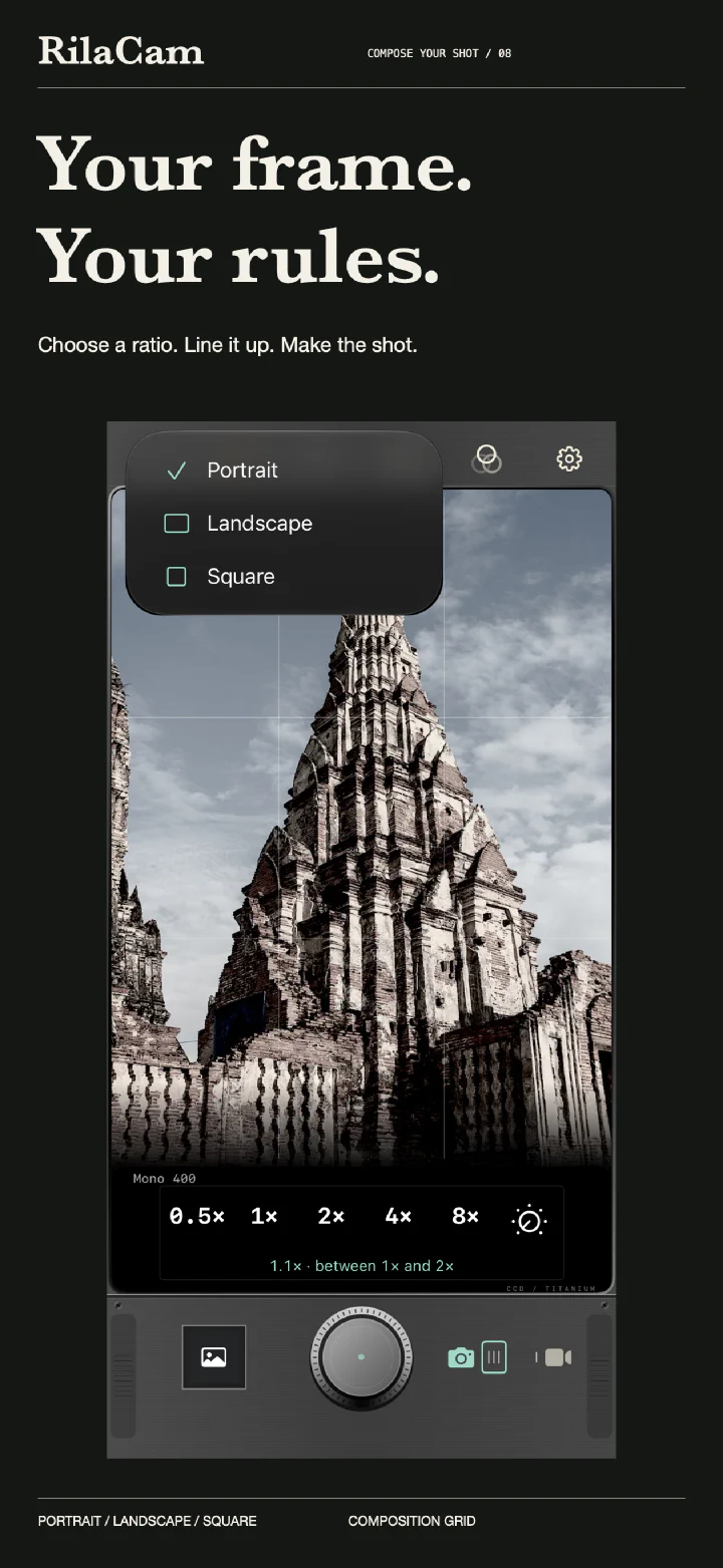RilaCam framing controls: portrait, landscape, and square options, a composition grid, and current zoom over a temple in Mono 400